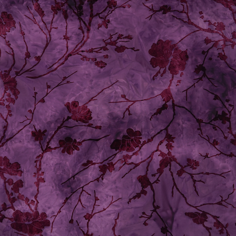 Sewing Tie Dye - Lila Pflaumenblüten-Designerstoff, Stretch-Satin mit Batikmuster für